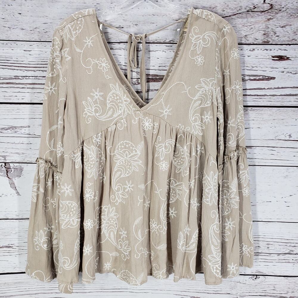 Altar'd State New Brown Embroidered Ruffle Bell Sleeve V-Neck Top Size XS